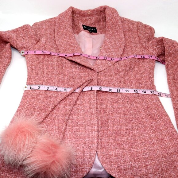 Ecaille Paris Designer Pink Fox Fur Trim Tweed Blazer Skirt Set - Picture 8 of 10